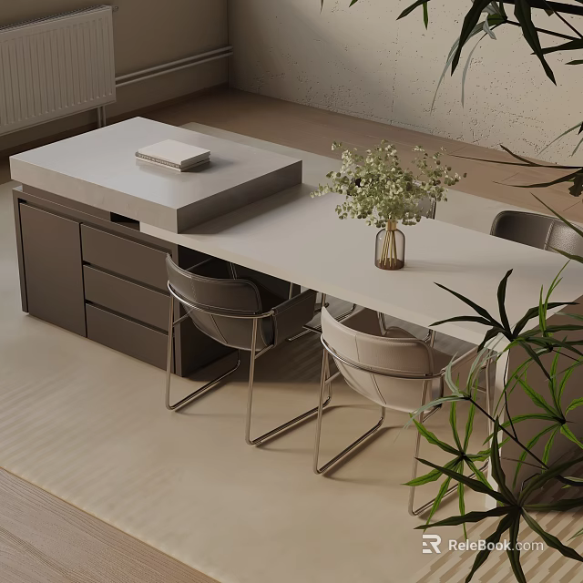 Modern Minimalist Dining Table Set With White Tabletop And Matching Chairs 3d model 