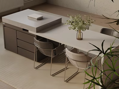 Modern Minimalist Dining Table Set With White Tabletop And Matching Chairs 3d model