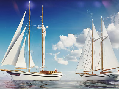 Two Classic Sailboats Sailing on Calm Water Under Blue Sky With White Clouds 3d model