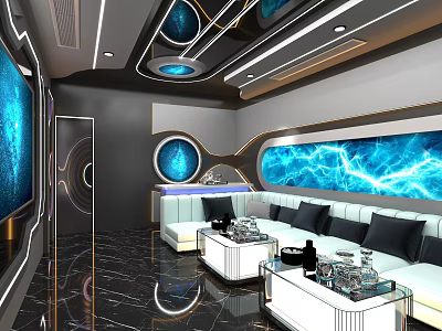 Modern Luxury KTV Interior With Blue Lighting Large Screens Sofas Marble Flooring And Circular Decorations 3d model