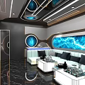 Modern Luxury KTV Interior With Blue Lighting Large Screens Sofas Marble Flooring And Circular Decorations