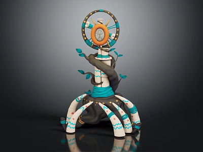 Decorative Plant Sculpture with Trunk Leaves Circular Ornament and Colorful Base Details 3d model