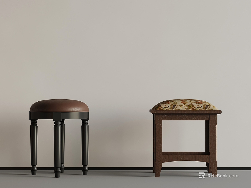 Two Stylish Stools With Leather And Patterned Seats Against Light Wall And Gray Floor 3d model 