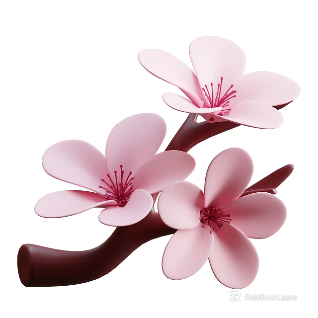 Pink Blossom Plant With Soft Pink Petals And Red Stamens On Brown Branches 3d model 