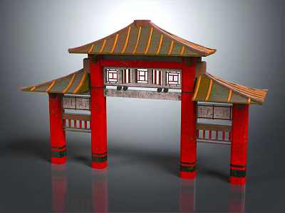 Ornate Traditional Chinese Entrance Gate With Red Pillars Yellow Green Roof And Decorative Lattice Panels 3d model