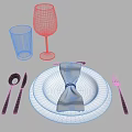 Elegant Tableware Set with White Plates Napkin Knife Fork Spoon and Glassware 3d model