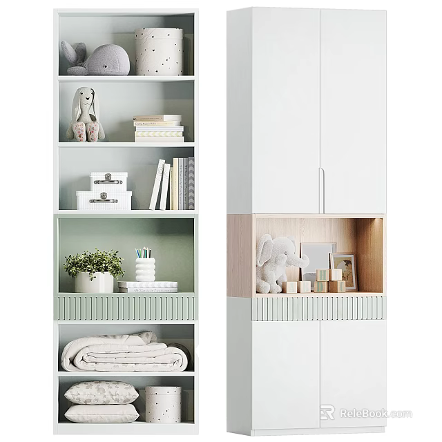 Modern Decorative Cabinet with Open Shelves Closed Doors Rabbit Doll Books Towels and Green Plant 3d model 