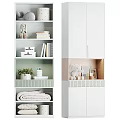 Modern Decorative Cabinet with Open Shelves Closed Doors Rabbit Doll Books Towels and Green Plant