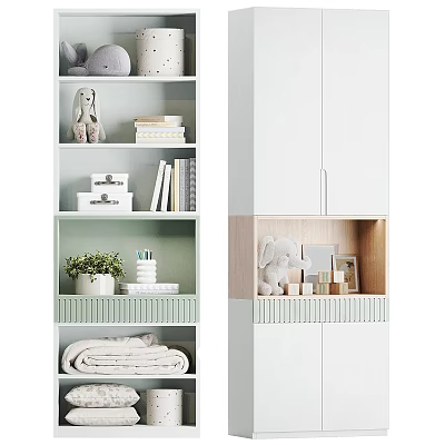 Modern Decorative Cabinet with Open Shelves Closed Doors Rabbit Doll Books Towels and Green Plant 3d model