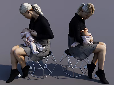 Woman holding baby sitting on geometric chair wearing black top gray skirt and black boots 3d model