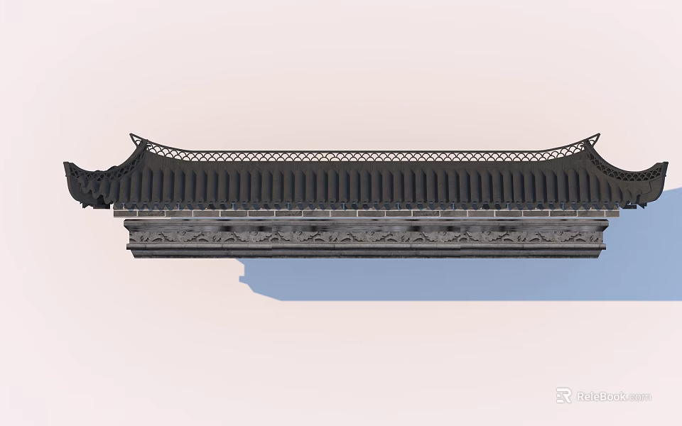 Traditional Building Exterior Wall Featuring Curved Eaves and Intricate Carved Patterns 3d model 