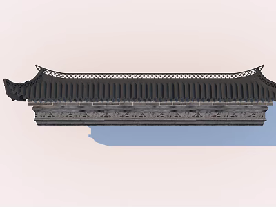 Traditional Building Exterior Wall Featuring Curved Eaves and Intricate Carved Patterns 3d model