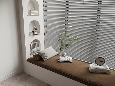 Cozy Corner With Wall Mounted Shelving Unit Bench Blinds Decorative Plant Books And Clock 3d model