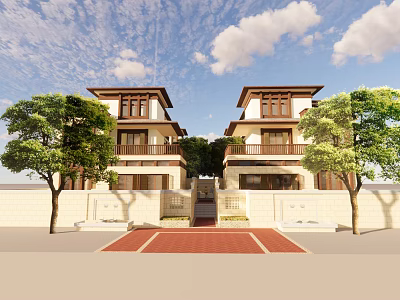 Two Symmetric Detached Villas With Balconies And Green Trees In Front Yard Exterior 3d model