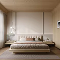 Modern Bedroom With Wooden Ceiling Large Window Mountain View Beige Brown Bedding Desk And Bookshelf