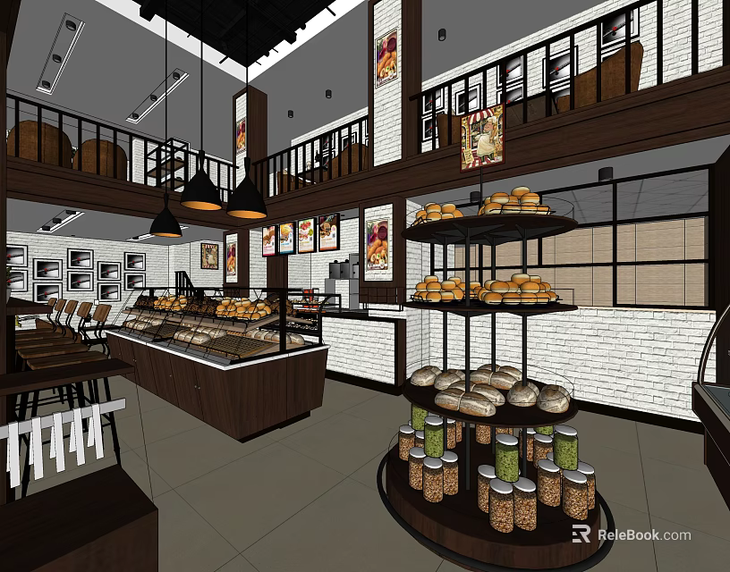Dessert Shop Interior With Display Cases Fresh Breads Decorative Art And Hanging Lights 3d model 