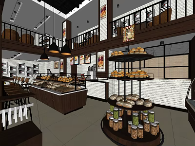 Dessert Shop Interior With Display Cases Fresh Breads Decorative Art And Hanging Lights 3d model
