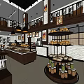 Dessert Shop Interior With Display Cases Fresh Breads Decorative Art And Hanging Lights