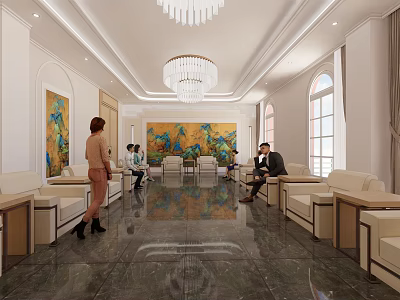 Spacious Bright Hotel Public Lounge With White Sofas Marble Flooring Chandeliers And Decorative Paintings 3d model
