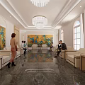 Spacious Bright Hotel Public Lounge With White Sofas Marble Flooring Chandeliers And Decorative Paintings