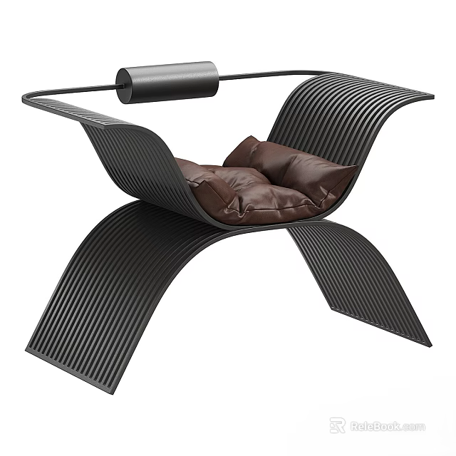 Modern Ribbed Leisure Chair With Curved Black Frame And Brown Comfortable Cushion 3d model 