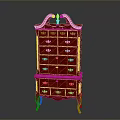 Red Chest Of Drawers Furniture With Golden Handles Decorative Top And Curved Legs