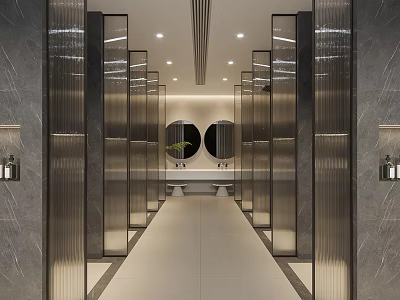 Other Restroom Featuring Modern Design Metal Frames Glass Partitions Marble Walls Double Mirrors And Washbasins 3d model
