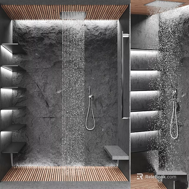 Modern Shower Sauna Interior Design With Stone Walls Showerheads Water Streams And Bench 3d model 