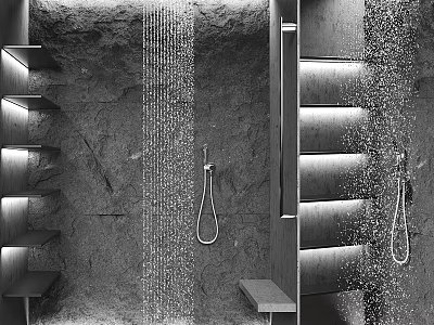 Modern Shower Sauna Interior Design With Stone Walls Showerheads Water Streams And Bench 3d model