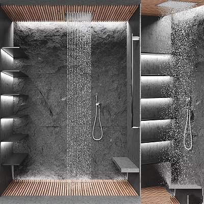 Modern Shower Sauna Interior Design With Stone Walls Showerheads Water Streams And Bench 3d model