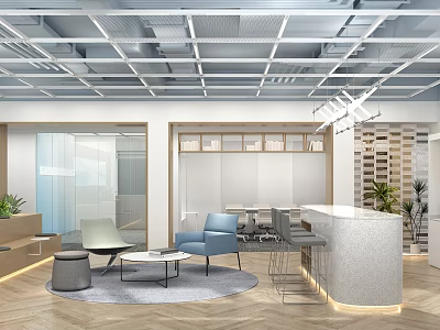 Modern Office Lounge Area With Comfortable Chairs Coffee Table Bar Counter And Pendant Lights 3d model