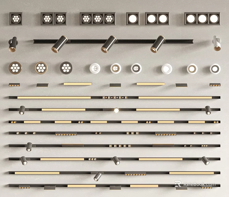 Various Downlights And Spotlights Arranged In Rows With Diverse Designs And Shapes 3d model 