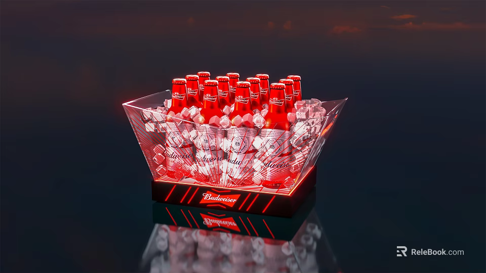 Art Installation With Transparent Ice Bucket Red Budweiser Bottles Ice Cubes And Red Lighting 3d model 