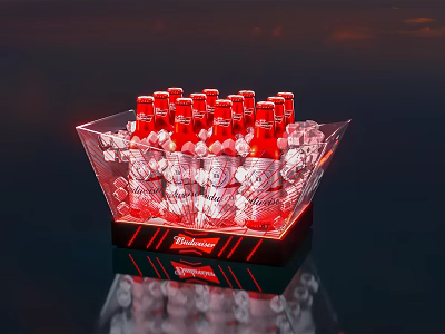 Art Installation With Transparent Ice Bucket Red Budweiser Bottles Ice Cubes And Red Lighting 3d model