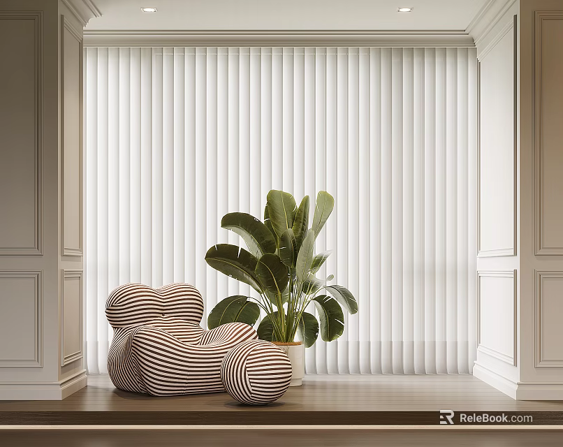 White Vertical Blinds In Modern Interior With Striped Chair Green Plant And Wooden Floor 3d model 