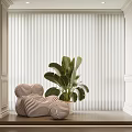 White Vertical Blinds In Modern Interior With Striped Chair Green Plant And Wooden Floor
