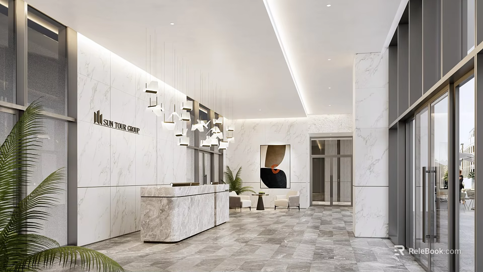 Hotel Lobby Interior With Marble Walls Reception Desk Pendant Lights Artwork Sofa And Green Plants 3d model 
