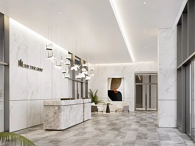 Hotel Lobby Interior With Marble Walls Reception Desk Pendant Lights Artwork Sofa And Green Plants 3d model