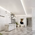 Hotel Lobby Interior With Marble Walls Reception Desk Pendant Lights Artwork Sofa And Green Plants