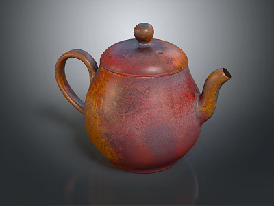 Rustic Red Amber Ceramic Teapot With Rounded Lid Handle And Spout On Dark Background 3d model