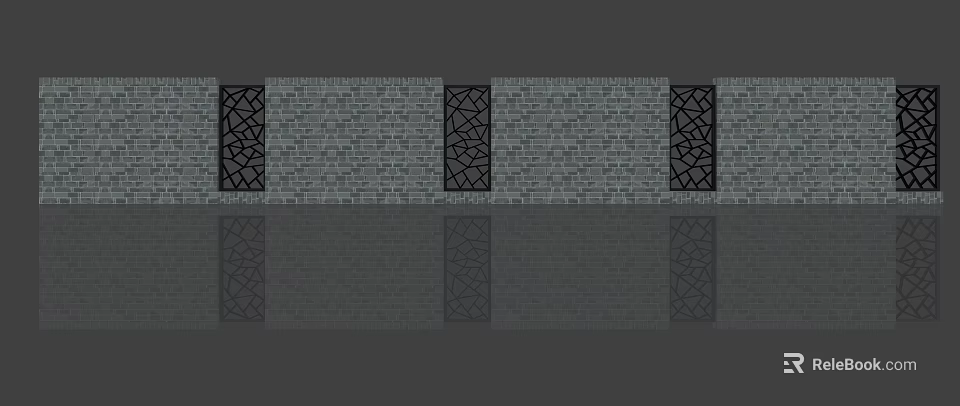 Gray Brick Garden Feature Wall With Black Lattice Panels And Reflections 3d model