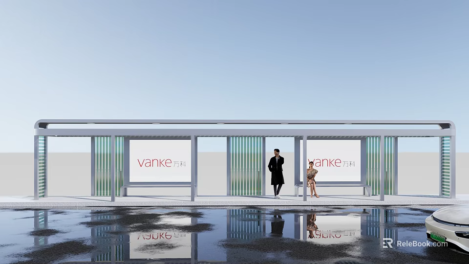 Modern Vanke Bus Stop With Glass Canopy Passengers Standing And Wet Ground Reflection 3d model 