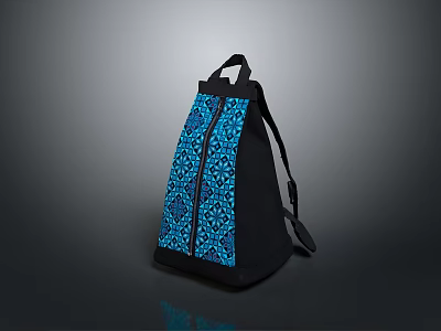 Daily Use Black Backpack With Blue Pattern And Double Shoulder Straps 3d model