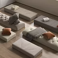 Modern Minimalist Floor Cushions In Beige Gray With Orange Pillows And Books