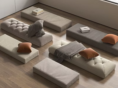 Modern Minimalist Floor Cushions In Beige Gray With Orange Pillows And Books 3d model