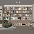 Study Room Interior Design With Built In Bookshelves Striped Chair Wooden Floor And Window Blinds
