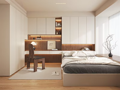 Modern Tatami Bedroom Interior With Tatami Bed Built-in Cabinets Study Desk And Natural Light 3d model