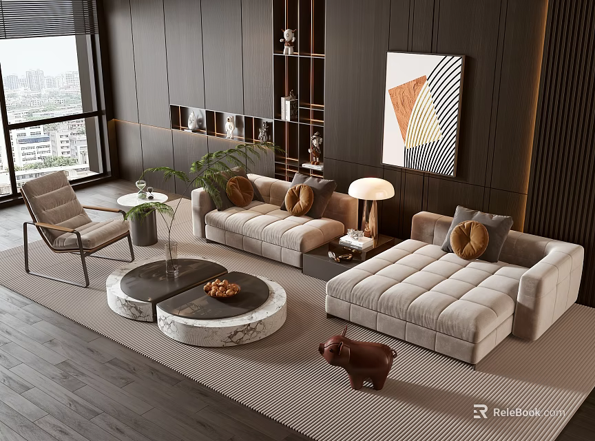 Modern Living Room Sofa And Coffee Table Set With Rug Decorative Painting And Plant 3d model 