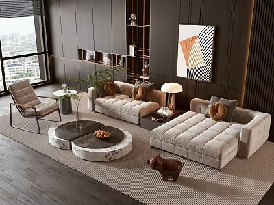 Modern Living Room Sofa And Coffee Table Set With Rug Decorative Painting And Plant 3d model