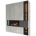 Modern Fireplace In Textured Wall With Dark Cabinetry And Lit Shelves